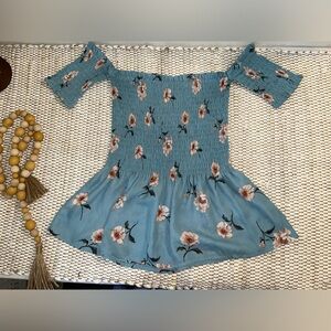 Windsor floral off the shoulder top teal baby blue color. Ruffled blouse